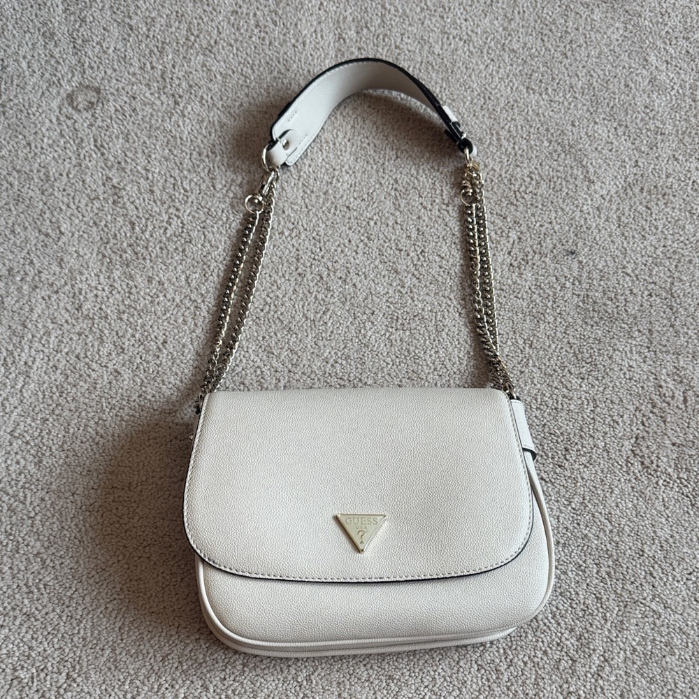 GUESS Cream Pebbled Leather Crossbody with Gold Triangle Logo
